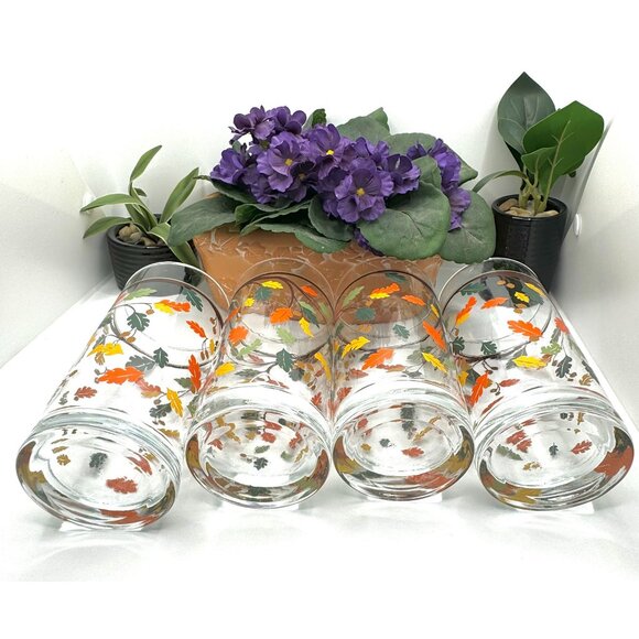 Set Of 4 Vintage Crisa by Libbey Tumblers Glasses Fall Autumn Leaves - Picture 4 of 8